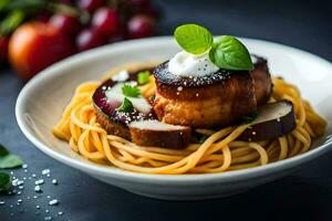 a plate of pasta with meat and vegetables. AI-Generated photo