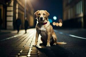 a dog sitting on the street at night. AI-Generated photo