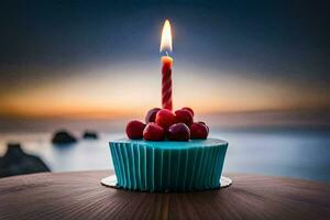 a blue cupcake with a lit candle on top of a table. AI-Generated photo