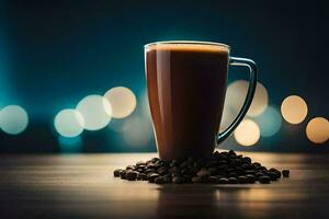 un taza de café con frijoles en un mesa. generado por ai foto