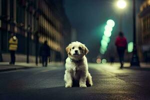 a dog sitting on the street at night. AI-Generated photo