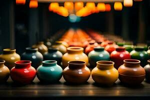 colorful vases on a table. AI-Generated photo