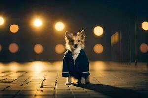 a dog in a suit standing on a street at night. AI-Generated photo