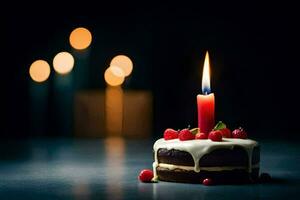 a small chocolate cake with a candle on top. AI-Generated photo