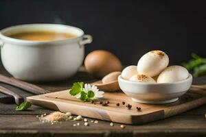 eggs in a bowl with spices and herbs. AI-Generated photo