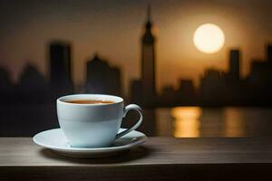 a cup of coffee on a table in front of a cityscape. AI-Generated photo