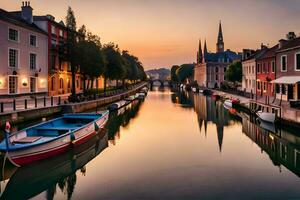 boats are docked in a canal at sunset. AI-Generated photo