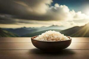 rice in a bowl on a wooden table. AI-Generated photo