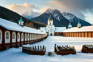 un Nevado patio con un Iglesia en el antecedentes. generado por ai foto