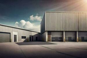 a large industrial building with two garage doors. AI-Generated photo