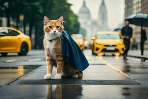 an orange and white cat wearing a cape on the street. AI-Generated photo