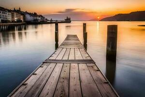 a wooden pier in the water at sunset. AI-Generated photo