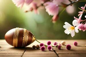 the easter egg is placed on a wooden table with flowers and a wooden egg. AI-Generated photo
