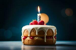 un cumpleaños pastel con un iluminado vela. generado por ai foto