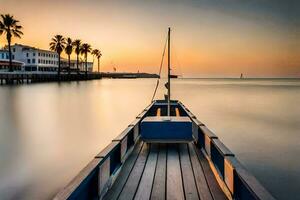 a boat is docked at the end of a pier at sunset. AI-Generated photo