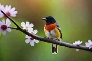 un pájaro sentado en un rama con flores en el antecedentes. generado por ai foto