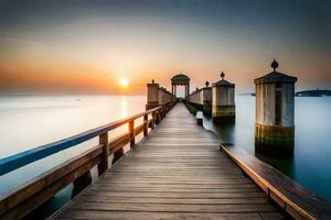 a wooden pier with a sunset in the background. AI-Generated photo