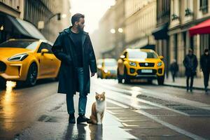a man and his cat on a rainy day. AI-Generated photo