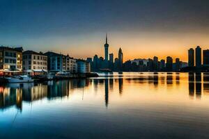 el ciudad horizonte es reflejado en el agua a puesta de sol. generado por ai foto