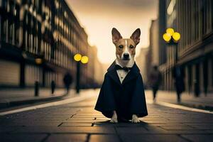 a dog dressed in a tuxedo sitting on the street. AI-Generated photo