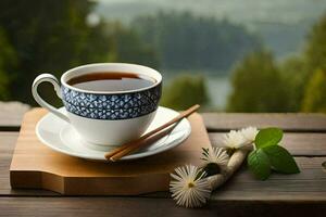 a cup of tea on a wooden table. AI-Generated photo