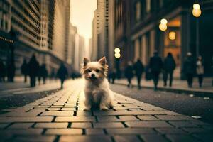 un pequeño perro sentado en el calle en un ciudad. generado por ai foto