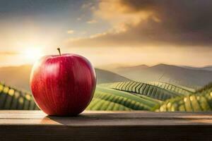 un rojo manzana en un de madera mesa en frente de un verde paisaje. generado por ai foto