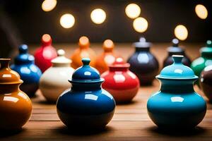 colorful vases on a wooden table. AI-Generated photo