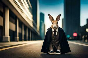 a rabbit dressed in a suit and tie sits on the street. AI-Generated photo