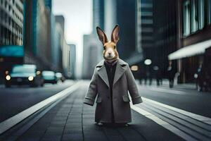 a rabbit wearing a coat and tie standing on a street. AI-Generated photo