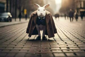 a rabbit wearing a coat and tie standing on a brick street. AI-Generated photo