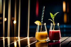 two glasses of juice with a straw and a lime. AI-Generated photo