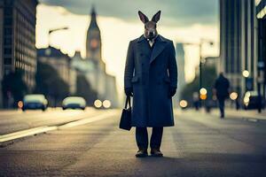 a man wearing a rabbit mask and coat stands on the street. AI-Generated photo