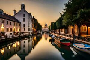 un canal en el ciudad a puesta de sol con barcos generado por ai foto