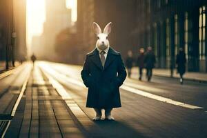 a rabbit in a suit and tie standing on a street. AI-Generated photo