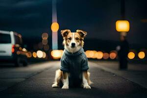 a dog wearing a sweater sits on the street at night. AI-Generated photo