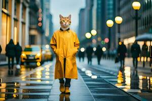 a cat wearing a yellow raincoat on a rainy day. AI-Generated photo