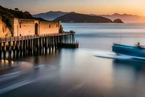 a boat is docked at the pier at sunset. AI-Generated photo