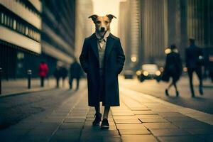 a dog in a coat standing on a street. AI-Generated photo