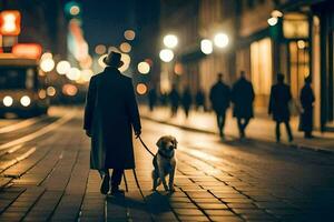 un hombre caminando su perro en el ciudad a noche. generado por ai foto