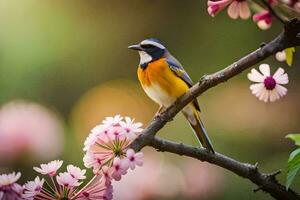 a bird sits on a branch with pink flowers. AI-Generated photo