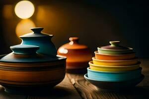 colorful ceramic bowls and plates on a wooden table. AI-Generated photo