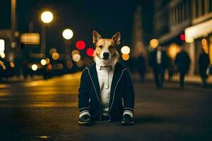 a dog wearing a jacket and tie sits on the street at night. AI-Generated photo