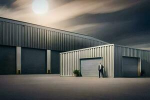 a man standing in front of a large warehouse. AI-Generated photo