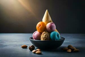 colorful macarons in a bowl. AI-Generated photo