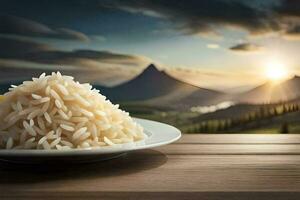 a plate of rice on a table in front of a mountain. AI-Generated photo