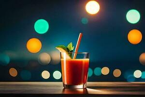 a glass of juice with a straw on a table in front of a blurred background. AI-Generated photo