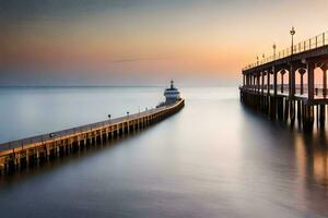 a long exposure photograph of a pier at sunset. AI-Generated photo