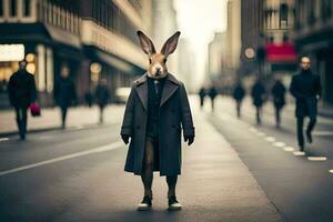 a rabbit wearing a coat and tie standing on a street. AI-Generated photo