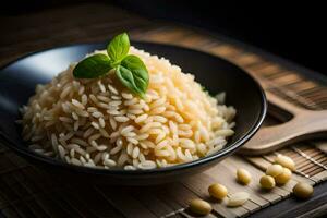 a bowl of brown rice with a basil leaf on top. AI-Generated photo